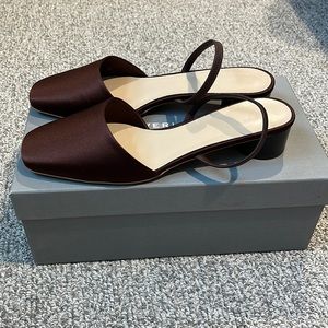 Everlane tapered square toe slingback chocolate satin shoe